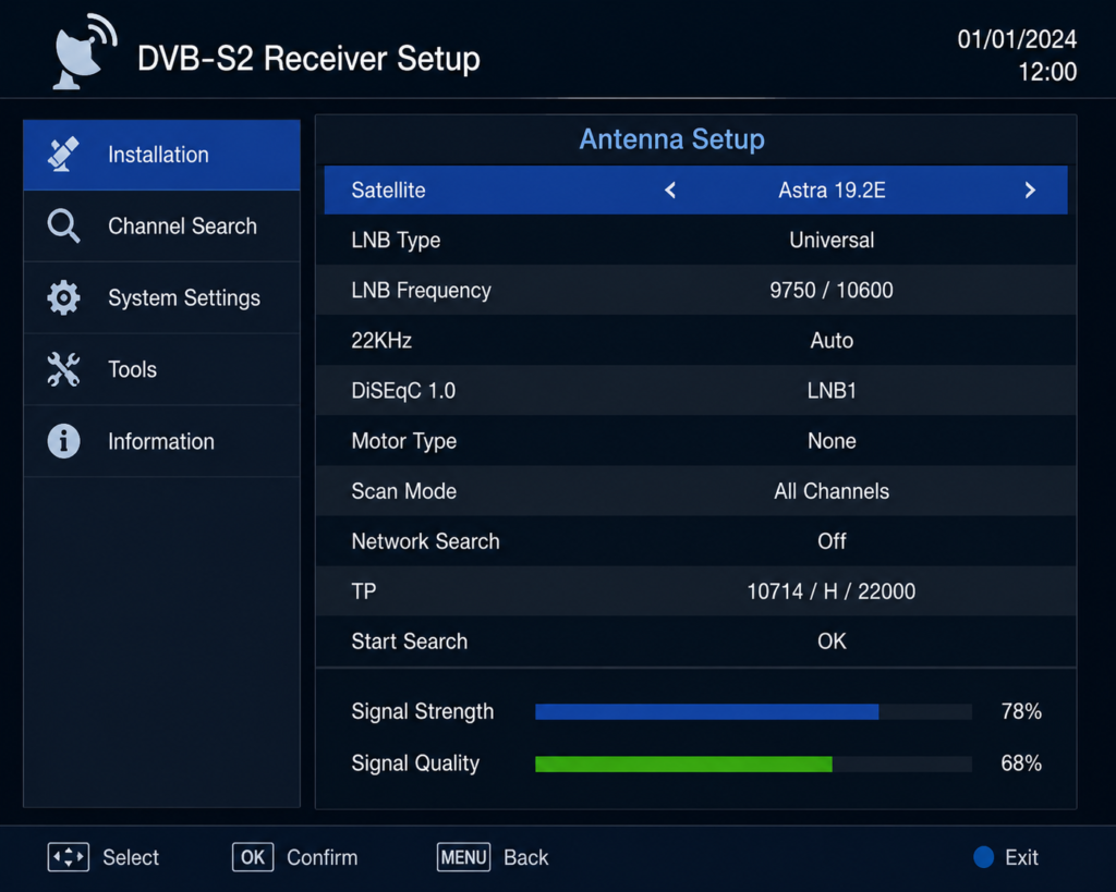 DVB-S2 frequency setup on satellite receiver