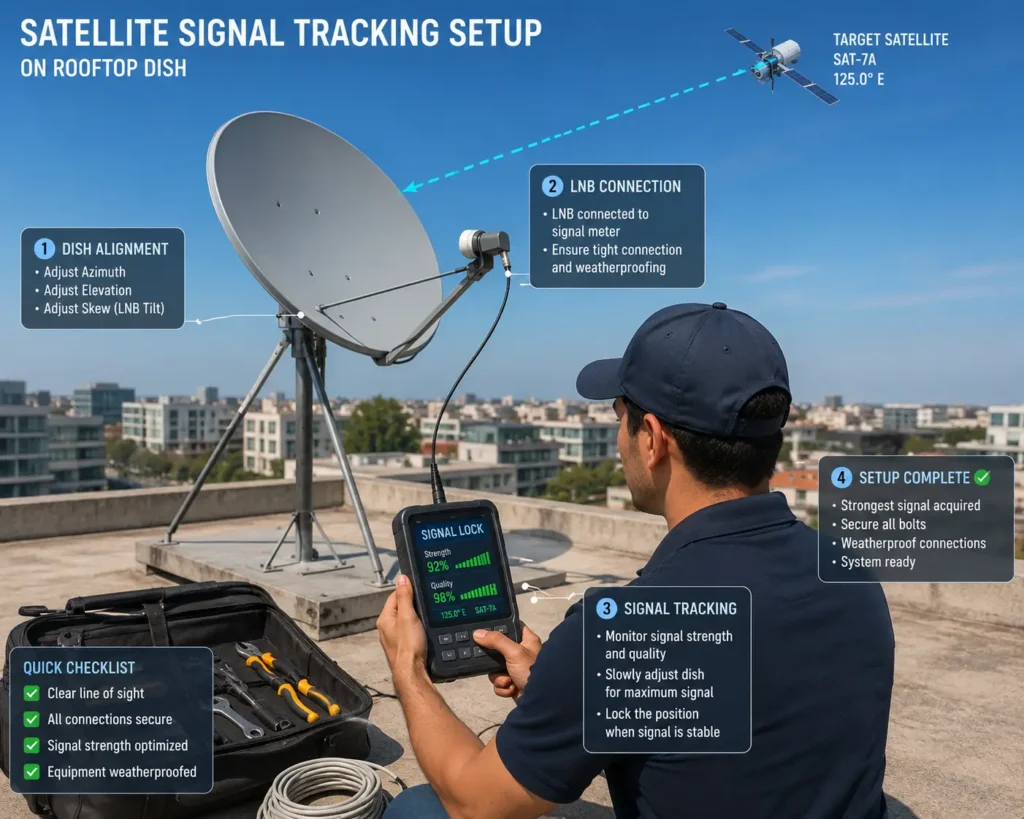 Satellite signal tracking setup on rooftop dish