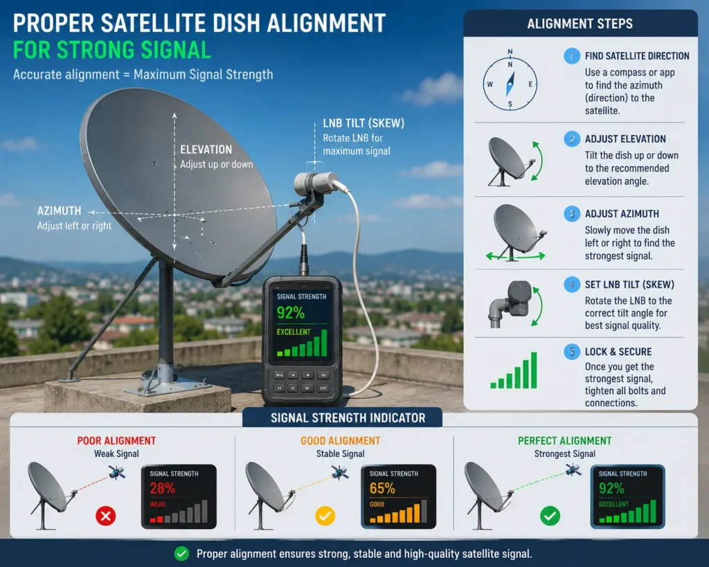 Proper satellite dish alignment for strong signal